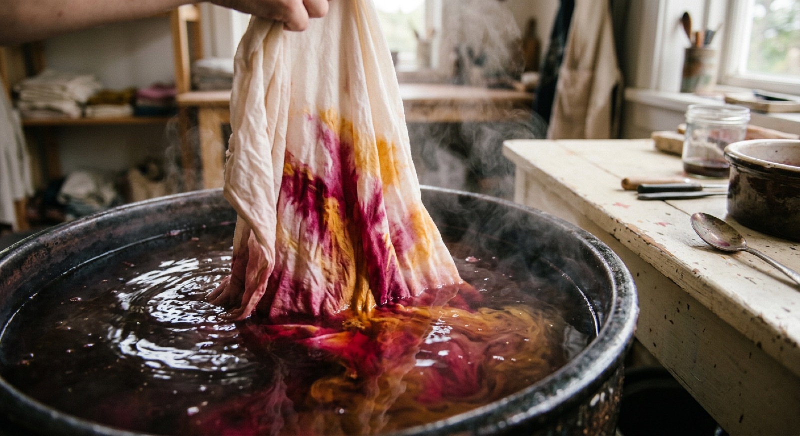 Hands lowering a length of cloth into a steaming dye vat, magenta and gold pigment blooming through the fabric.